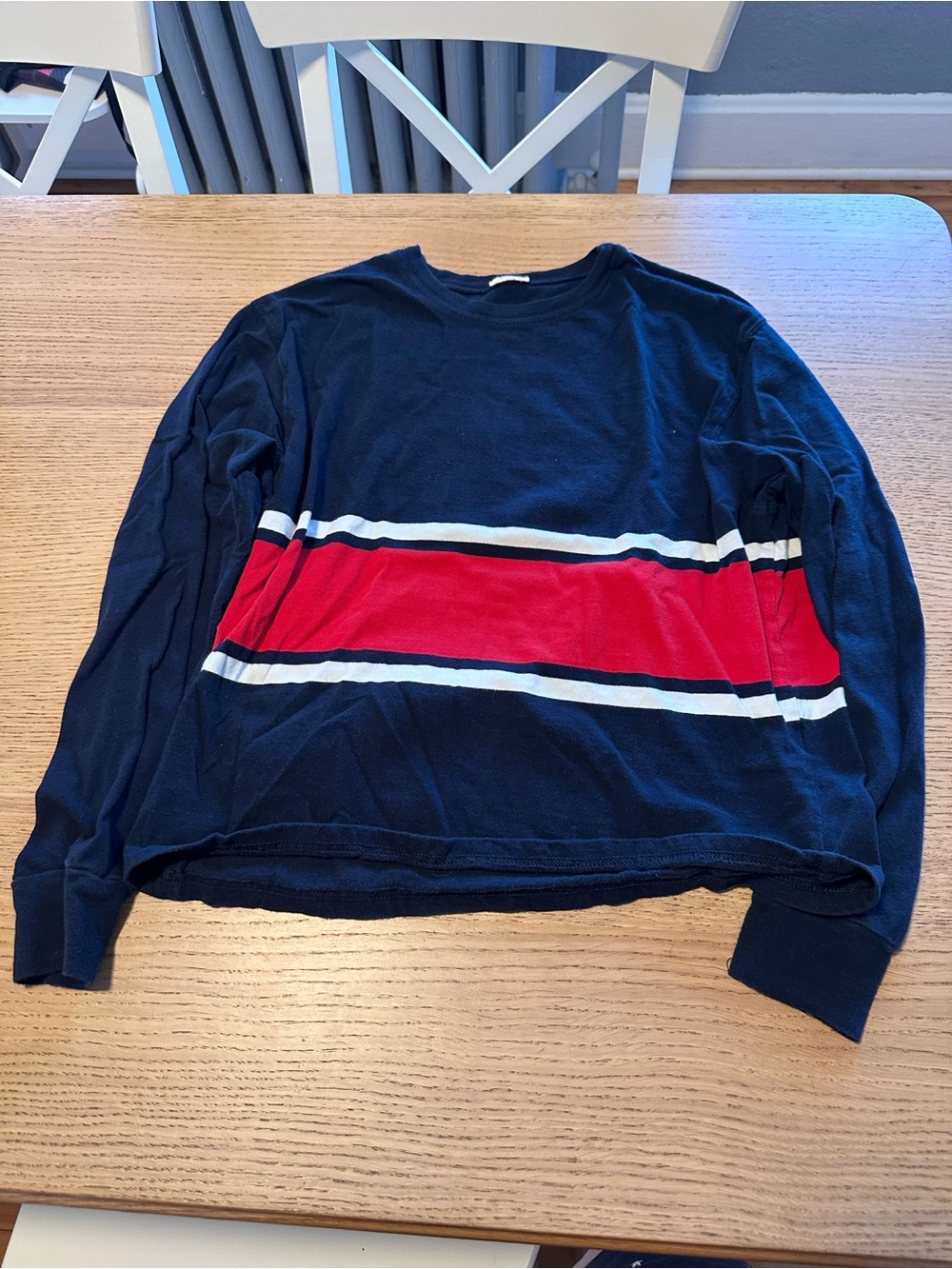Navy Crewneck Sweater with Red Stripe